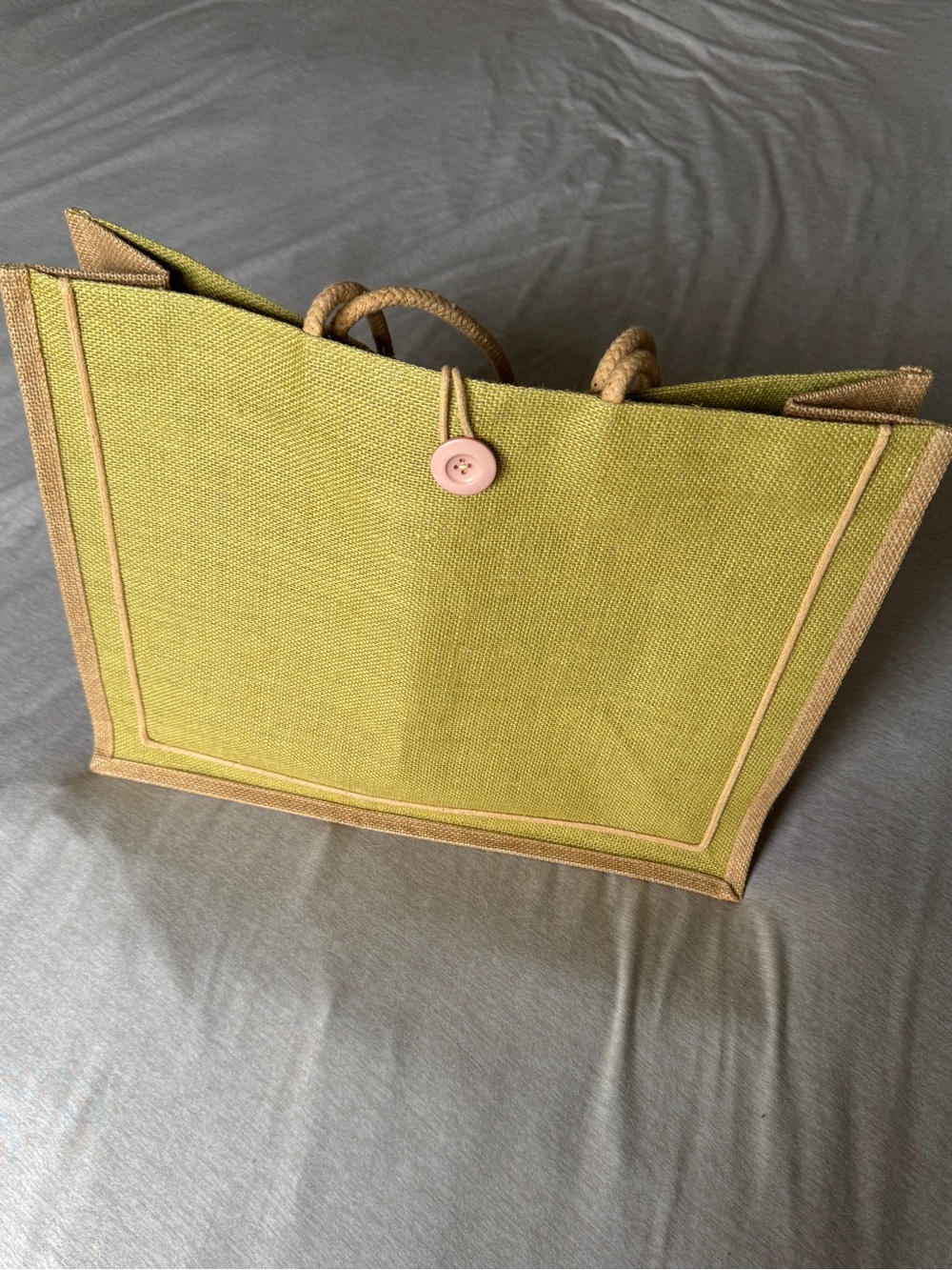 Olive Green Jute Tote Bag Rope Handles Button Closure Large Beach Market Bag
